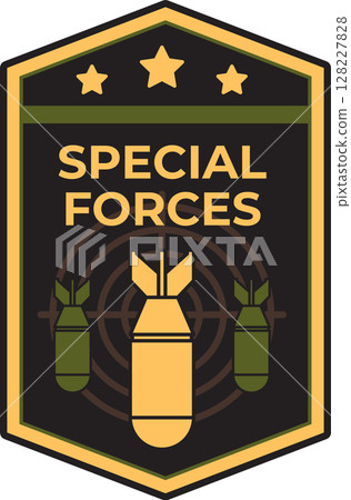 Featuring a striking special forces military vector emblem, showcasing three bombs positioned over a target, complemented by three stars within a bold black and gold badge shaped frame 128227828