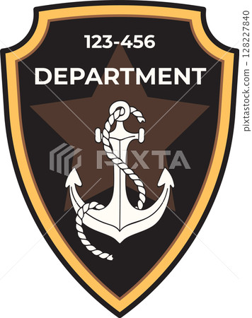 Nautical department logo showcasing an anchor entwined with rope, positioned centrally on a five pointed star against a shield shaped backdrop, incorporating a departmental number 128227840