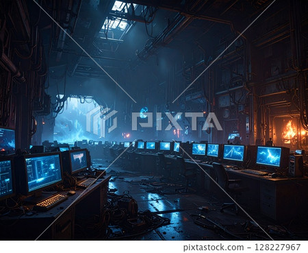 Destroyed laboratory and glowing computer monitor AI generated image 128227967