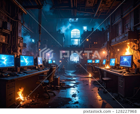 Destroyed laboratory and glowing computer monitor 4 AI generated image 128227968
