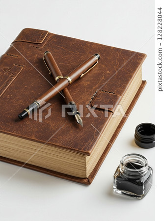 Vintage Leather Journal with Wooden Fountain Pen and Ink Bottle on white background  128228044