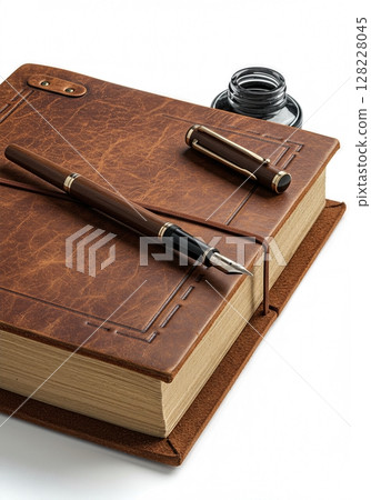 Vintage Leather Journal with Wooden Fountain Pen and Ink Bottle on white background  128228045