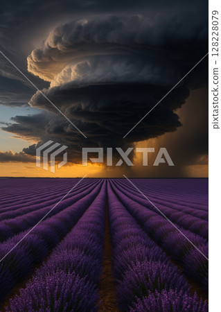 Massive Supercell Towering Over Endless Lavender Rows at Fiery Dusk 128228079