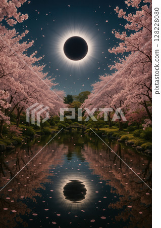 Total Solar Eclipse Reflecting in Sakura Garden Pond Amid Falling Petals 128228080