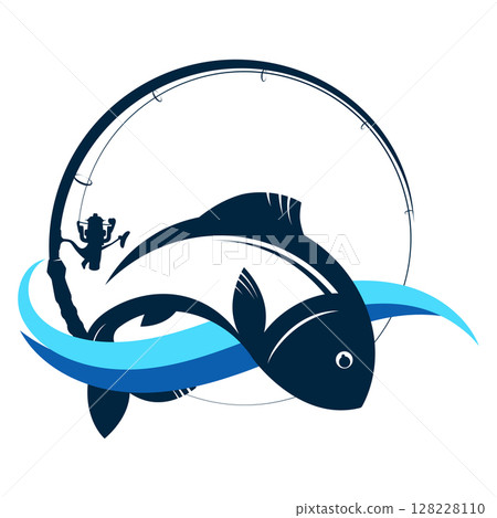 Fish on blue wave and curved fishing rod 128228110