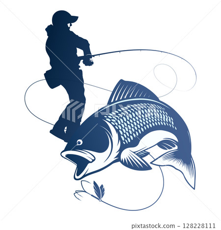 Fisherman with a fishing rod and catch of fish design 128228111