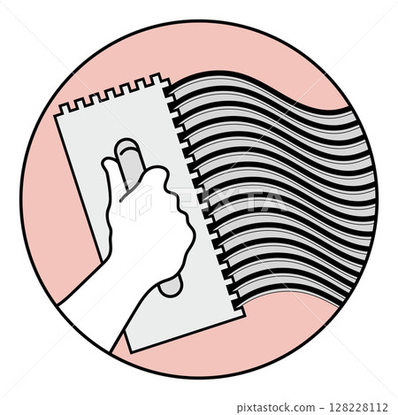 Notched trowel in hand applies waves of plaster glue symbol Notched trowel in hand applies waves of plaster glue symbol 128228112