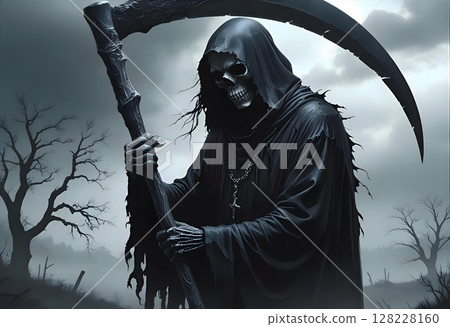 Realistic illustration of a scary grim reaper holding a scythe under gloomy clouds 128228160