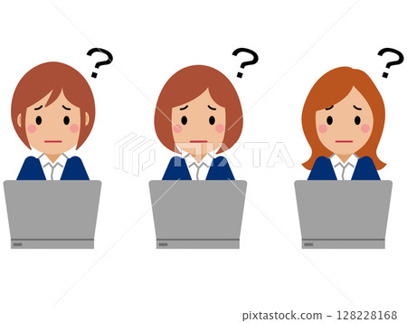 A young woman in a navy blue suit operating a computer with a troubled look on her face 128228168