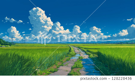 A rural landscape with a summer sky and greenery ─ A beautiful Japanese landscape with a straight farm road and cumulonimbus clouds A rural landscape with a summer sky and greenery ─ A beautiful Japanese landscape with a straight farm road and cumulonimbus clouds 128228436
