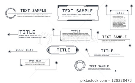 Text box frame, title callout tech hud border menu, modern line interface board. Set game elements, web design template for text, banner. 128228473