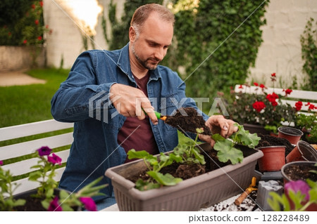 Gardener grows lush plants in vibrant setup Gardener grows lush plants in vibrant setup 128228489