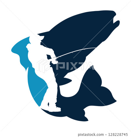 Fisherman with a fishing rod against the background of fish Fisherman with a fishing rod against the background of fish 128228745