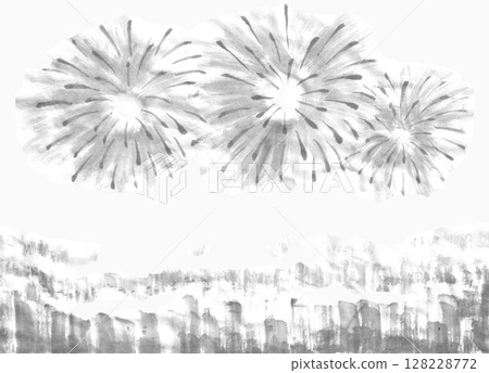 City and fireworks hand-drawn monochrome illustration 128228772