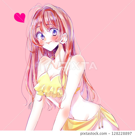 長髮、泳衣、心形符號的性感女人 長髮、泳衣、心形符號的性感女人 128228897