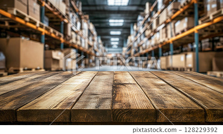 In the foreground, there is an empty wooden table or shelf, and in the background, there is a warehouse or storage room with shelves filled with boxes and products. Product placement. In the foreground, there is an empty wooden table or shelf, and in the background, there is a warehouse or storage room with shelves filled with boxes and products. Product placement. 128229392