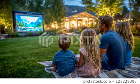 The family is watching a street cinema or a projector set up in the backyard in the evening. The family is sitting on a blanket on the grass 128229393