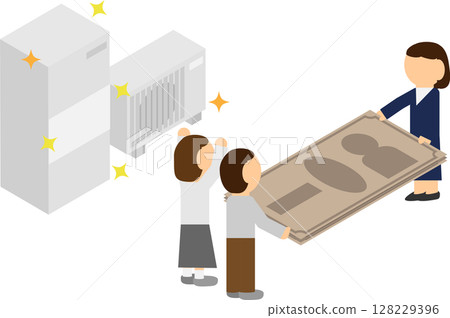 Isometric image of a water heater and a person receiving a subsidy 128229396