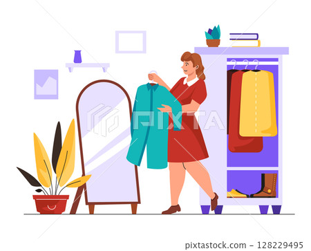 Woman trying a new shirt - colorful flat design style illustration Woman trying a new shirt - colorful flat design style illustration 128229495
