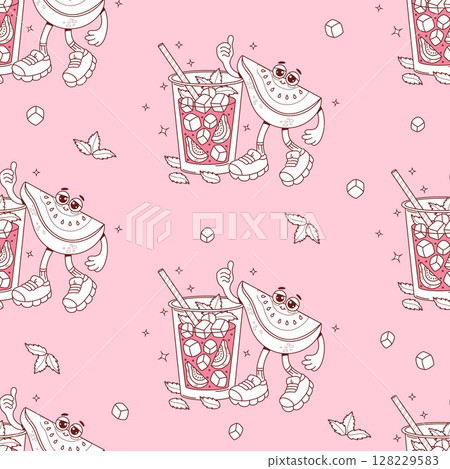 Seamless Pattern Cute Guava Groovy Character with Summer Drink Cocktail with Ice and Mint leaves on Pink Background. Funny retro personage Fruit. Line drawing. Vector illustration. Not AI 128229583