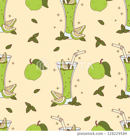 Seamless Pattern Green Guava Drink with tropical Fruit slices and Mint leaves on Yellow Background. Summer Refreshing Cocktail with glass and straw. Vector illustration Seamless Pattern Green Guava Drink with tropical Fruit slices and Mint leaves on Yellow Background. Summer Refreshing Cocktail with glass and straw. Vector illustration 128229584