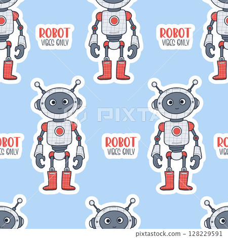 Seamless pattern Futuristic cute Robot on blue background with cool phrases. Virtual Technology funny Assistant. Vector illustration. Kids collection. Not AI Seamless pattern Futuristic cute Robot on blue background with cool phrases. Virtual Technology funny Assistant. Vector illustration. Kids collection. Not AI 128229591