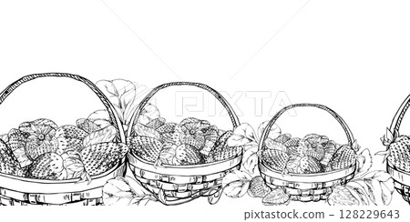 Strawberry with leaves in weaved basket, hand drawn in vector ink, scattered ripe picked forest garden berry harvest. Isolated seamless banner. Dessert menu, cookbook, craft farmers market, gardening Strawberry with leaves in weaved basket, hand drawn in vector ink, scattered ripe picked forest garden berry harvest. Isolated seamless banner. Dessert menu, cookbook, craft farmers market, gardening 128229643