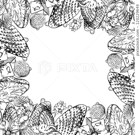 Strawberry full and cut in half, flowers in water dew drops, ripe garden berries pineberry strasberry. Isolated vector ink hand drawn square border frame. Home preserves, food packaging, recipe book 128229649