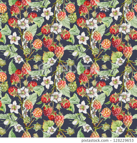 Raspberry berries leaves flowers on thorny spiked branch hand drawn in watercolor. Ripe cloudberry dewberry mulberry. Seamless pattern isolated on dark. Home preserves, grocery store, wrapping paper Raspberry berries leaves flowers on thorny spiked branch hand drawn in watercolor. Ripe cloudberry dewberry mulberry. Seamless pattern isolated on dark. Home preserves, grocery store, wrapping paper 128229653