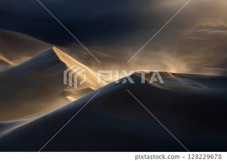 sand dunes in the desert during a sandstorm 128229678