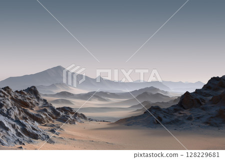 Fantasy alien planet. Mountain and sand. 128229681