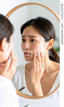 Woman worried about acne (AI-generated image) Woman worried about acne (AI-generated image) 128229706