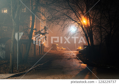 A foggy night city scene with glowing lamps,deserted roads and faint outlines of trees and buildings A foggy night city scene with glowing lamps,deserted roads and faint outlines of trees and buildings 128229737