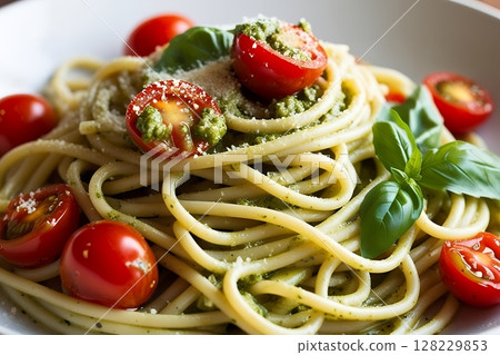 人工智慧生成的綠色麵食和新鮮蔬菜 人工智慧生成的綠色麵食和新鮮蔬菜 128229853