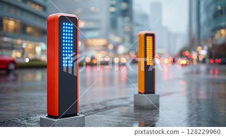 Futuristic charging station on the city street for charging electric cars. Eco-friendly technologies. Futuristic charging station on the city street for charging electric cars. Eco-friendly technologies. 128229960