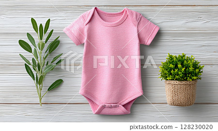 Cute pink baby onesie for mockup displayed with greenery on wooden background for modern nursery decor inspiration and baby clothing ideas Cute pink baby onesie for mockup displayed with greenery on wooden background for modern nursery decor inspiration and baby clothing ideas 128230020