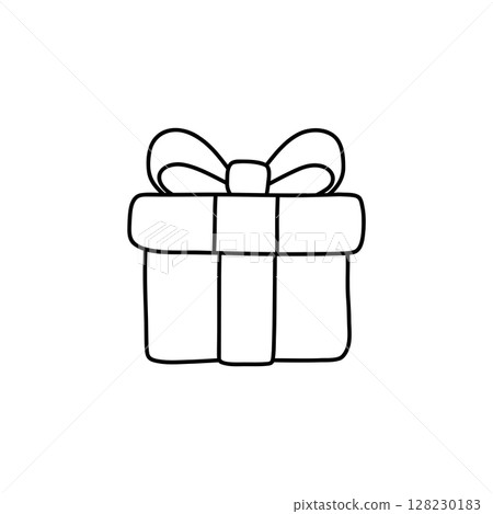 Minimalist black and white vector line art illustration of a Christmas gift box with ribbon and bow. Perfect for holiday designs, greeting cards, and festive decoration projects. Minimalist black and white vector line art illustration of a Christmas gift box with ribbon and bow. Perfect for holiday designs, greeting cards, and festive decoration projects. 128230183