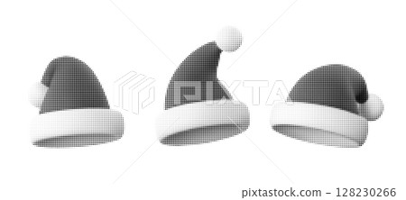 Halftone Santa hats vector illustration. Festive and retro design for Christmas-themed projects, greeting cards, and holiday advertising. Perfect for winter graphics and Xmas decor. Halftone Santa hats vector illustration. Festive and retro design for Christmas-themed projects, greeting cards, and holiday advertising. Perfect for winter graphics and Xmas decor. 128230266