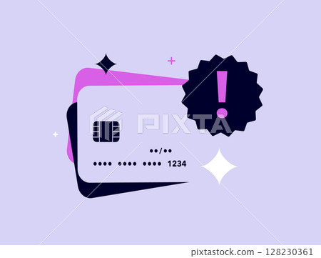 Credit card fraud warning icon with exclamation mark and chip card, illustrating payment security, transaction alert. Card scam detection and digital finance risk. Flat design vector illustration 128230361
