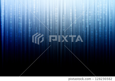 Digital binary code cascading over a dark blue and black gradient background 128230382