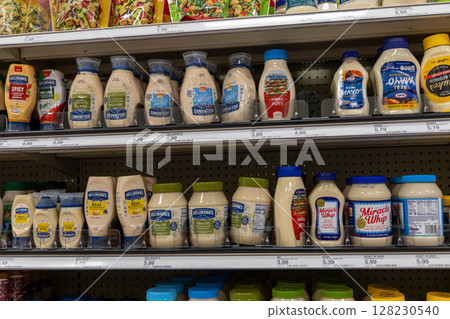 Mayonnaise on display at an American supermarket Mayonnaise on display at an American supermarket 128230540