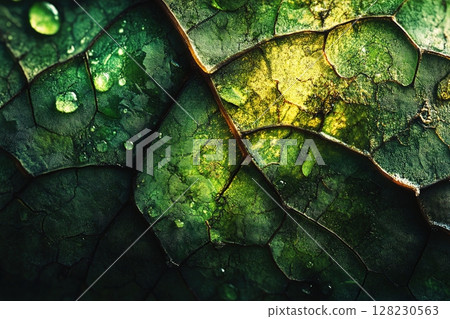 Detailed macro photo of a vivid green leaf with water droplets 128230563