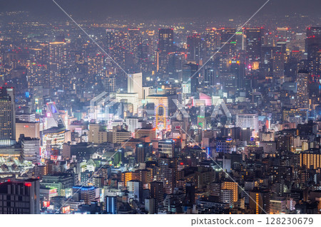 Osaka Prefecture: Night view of Osaka city and skyscrapers in the city center 128230679
