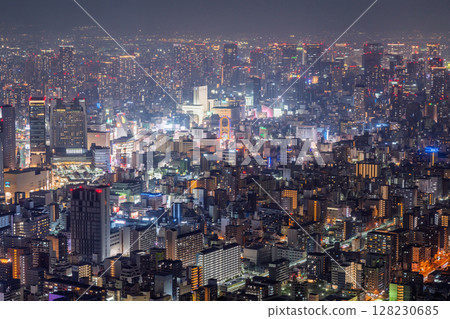 Osaka Prefecture: Night view of Osaka city and skyscrapers in the city center 128230685