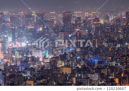 Osaka Prefecture: Night view of Osaka city and skyscrapers in the city center 128230687