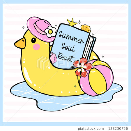 Pastel Coquette Girly Summer beach Bookish, book on Duck floating, Hand Drawn Doodle with Bold Lines. Pastel Coquette Girly Summer beach Bookish, book on Duck floating, Hand Drawn Doodle with Bold Lines. 128230736
