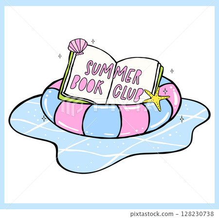 Pastel Coquette Girly Summer beach Bookish, book on Pool ring floating, Hand Drawn Doodle with Bold Lines. Pastel Coquette Girly Summer beach Bookish, book on Pool ring floating, Hand Drawn Doodle with Bold Lines. 128230738