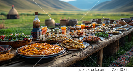 a Naadam feast table set outdoors 128230833