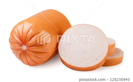 Boiled sausage and pieces on a white background. Isolated 128230943