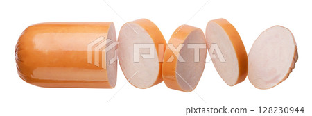 Boiled sausage cut into pieces close-up on a white. Isolated 128230944